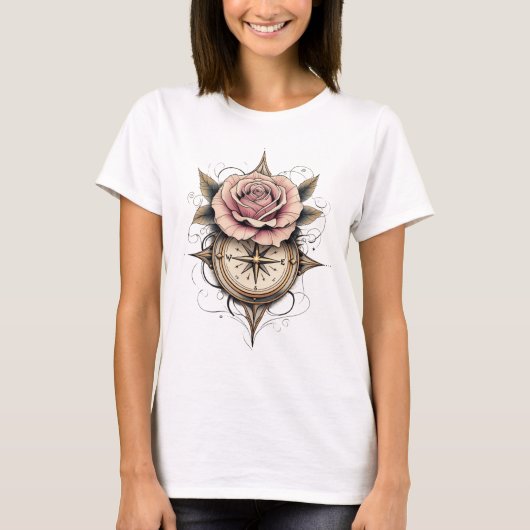 Roos Compass Tattoo Art T-shirt (Voorkant)