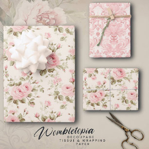 Roos & Damask Elegant   Pastel roze Inpakpapier Vel
