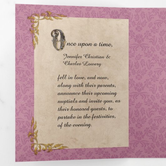 Roos Damask Fairy Tale Weddenfoto Drieluik Uitnodiging (Binnenzijde eerst)