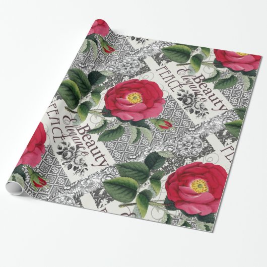 Roos Damask  Floral Antiek Cadeaupapier (Uitgerold)