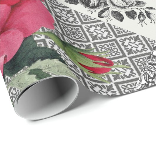 Roos Damask  Floral Antiek Cadeaupapier (Rol Hoek)