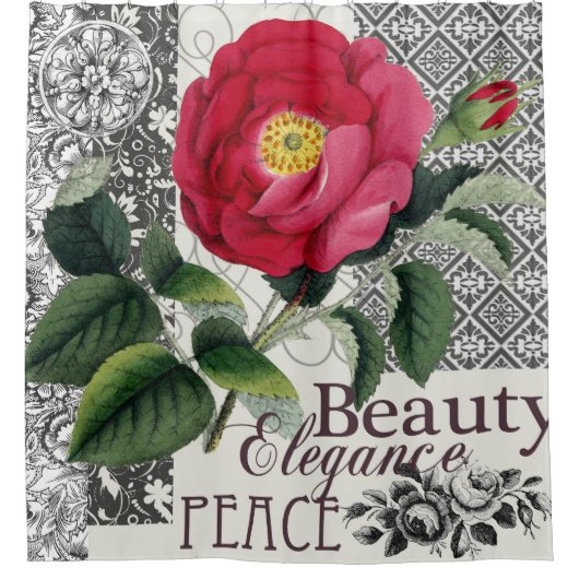 Roos Damask  Floral Antiek Douchegordijn (Voorkant)