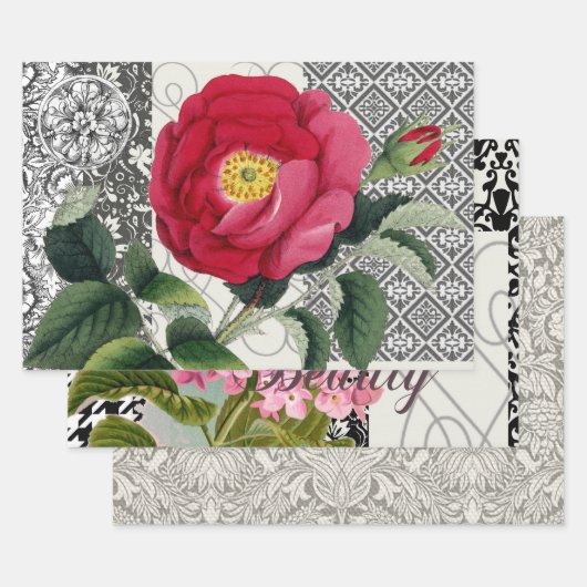 Roos Damask  Floral Antiek Inpakpapier Vel (Set)