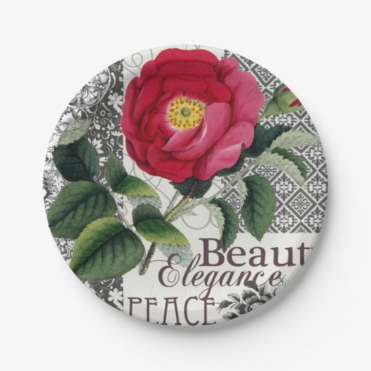 Roos Damask  Floral Antiek Papieren Bordje (Voorkant)