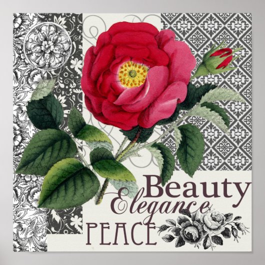 Roos Damask Floral Antiek Poster (Voorkant)