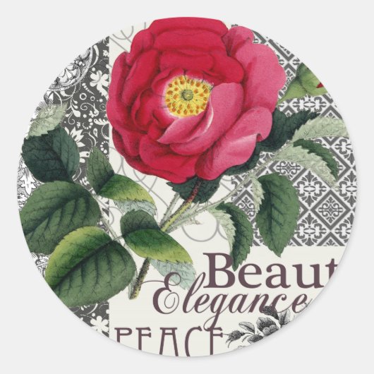 Roos Damask Floral Antiek Ronde Sticker (Voorkant)