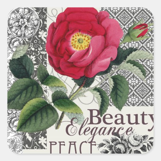 Roos Damask Floral Antiek Vierkante Sticker (Voorkant)