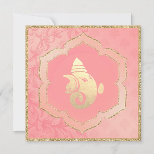 Roos Damask Gold Ganesh Indian Hindu Wedding Kaart (Voorkant)