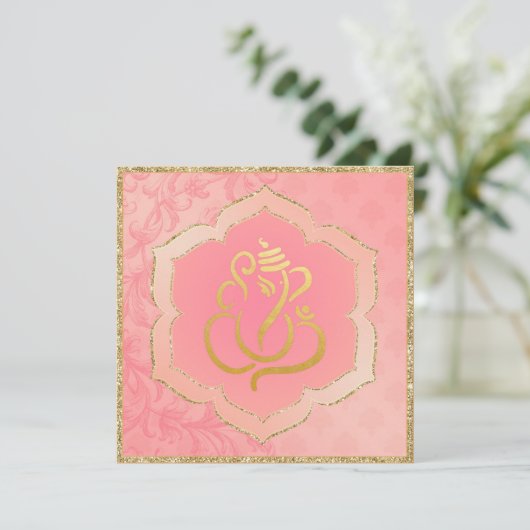Roos Damask Gold Ganesh Indian Weddenschap  Kaart (Staand voorkant)