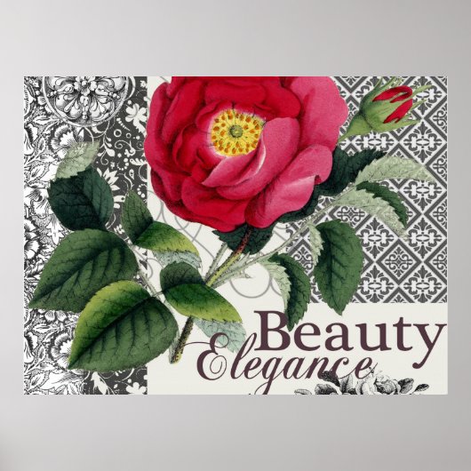 Roos Damask Mooie Bloemige Antiek Poster (Voorkant)