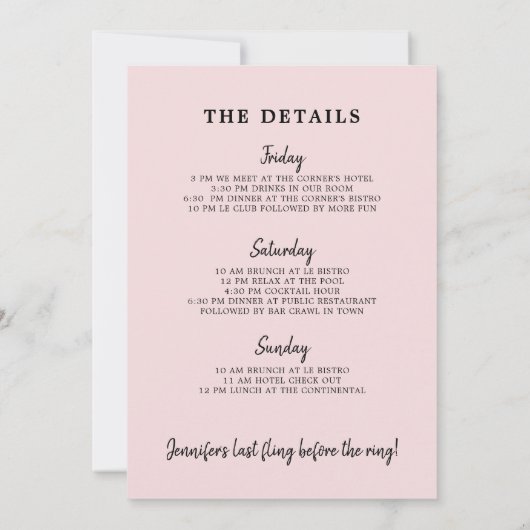 Roos de hele dag Bachelorette Weekend Route Kaart (Achterkant)