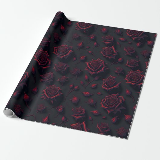 Roos Deep Red Flower Pattern Wrapping Paper Cadeaupapier (Uitgerold)
