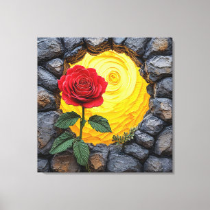 Roos die groeit uit een gat in een stenen muur canvas afdruk
