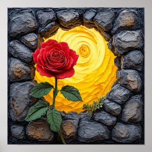 Roos die groeit uit een gat in een stenen muur poster