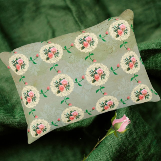  Roos Doily Green Damask Accent Kussen (Vintage nostalgic accent for yourself or a gift
)