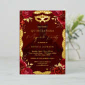 Roos Dress Masquerade Party Red Gold Quinceanera Folie Uitnodiging (Staand Voorkant)