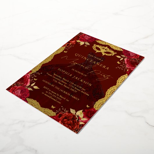 Roos Dress Masquerade Party Red Gold Quinceanera Folie Uitnodiging (Gedraaid)