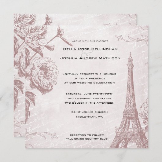 Roos Eiffeltoren bruiloft uitnodiging (Voorkant / Achterkant)