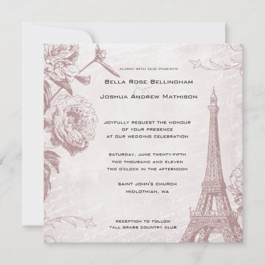 Roos Eiffeltoren bruiloft uitnodiging (Voorkant)
