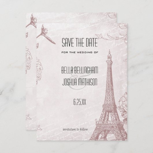 Roos Eiffeltoren sparen de Datum Save The Date (Voorkant / Achterkant)