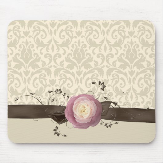 Roos Elegante Damask Ribbon Style Mousepad Muismat (Voorkant)