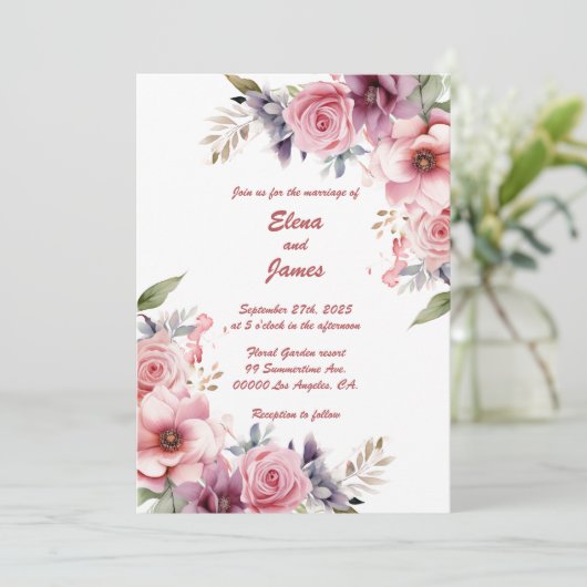 Roos Elegantie: bruiloft uitnodiging (Staand voorkant)