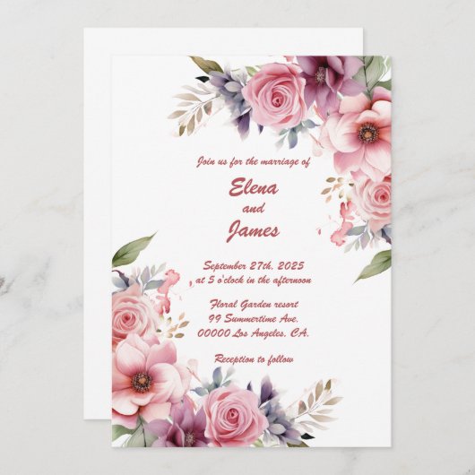 Roos Elegantie: bruiloft uitnodiging (Voorkant / Achterkant)