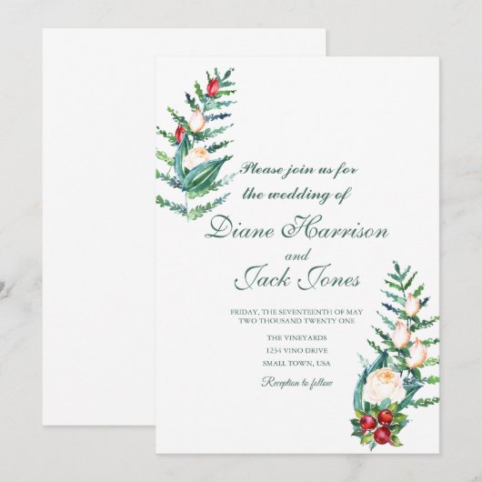 Roos en Berry Waterverf Stems Kaart (Voorkant / Achterkant)