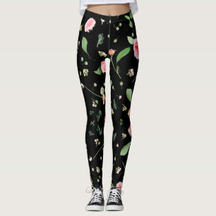 Roos en bladeren op romantische zwarte achtergrond leggings