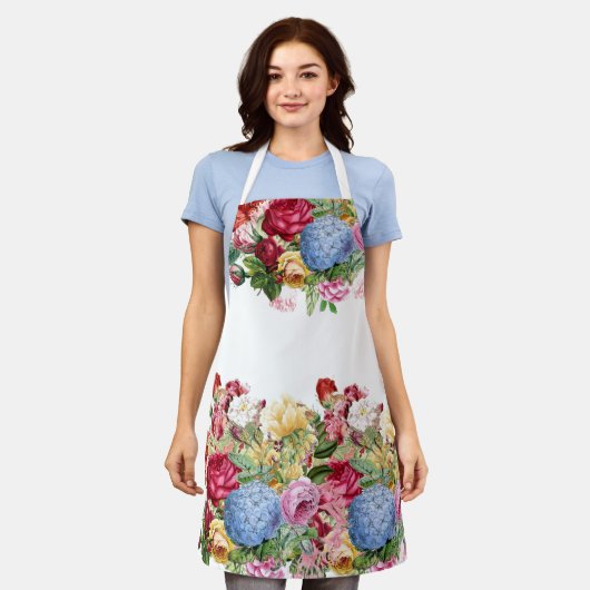  Roos en Blauwe Hydrangea Floral Print Schort (Gedragen)