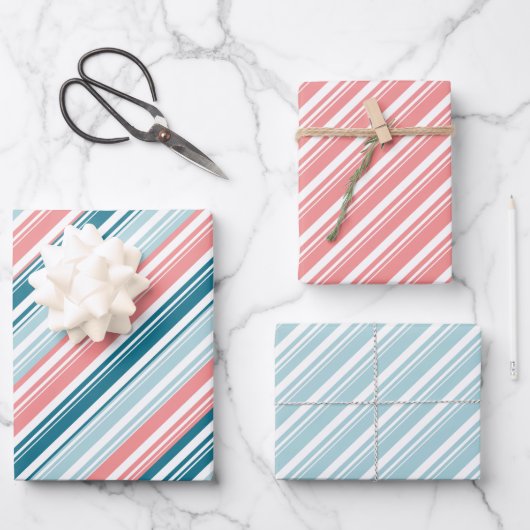 Roos en Blauwgroen Candy Cane Stripe Holiday Inpakpapier Vel (Voorkant)