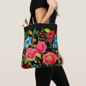 Roos en Cherry Blossom Black Tote Bag (Dichtbij)