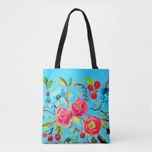 Roos en Cherry Blossom Bright Blue Tote Bag (Voorkant)