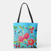 Roos en Cherry Blossom Bright Blue Tote Bag (Achterkant)