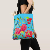 Roos en Cherry Blossom Bright Blue Tote Bag (Dichtbij)