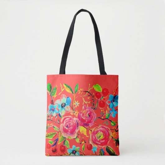 Roos en Cherry Blossom Vermillion Tote Bag (Voorkant)