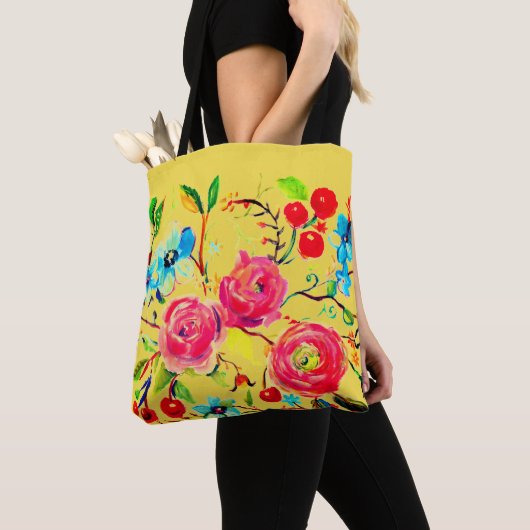 Roos en Cherry Blossom Yellow Tote Bag (Dichtbij)