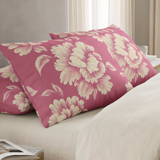 Roos en Crème Pioen Toile - Frans Land Decor Kussensloop