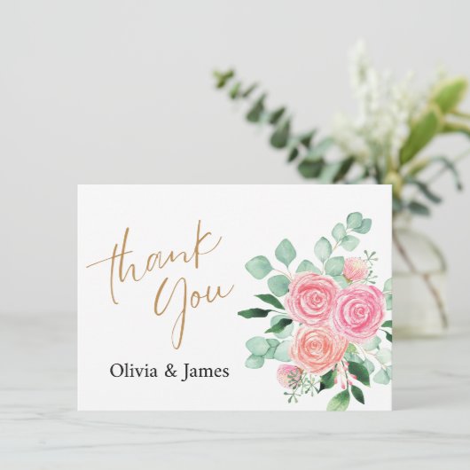 Roos en Eucalyptus bruiloft Bedankkaart (Staand voorkant)