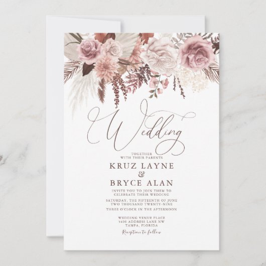 Roos en gedroogd Floral Palm Pampas Grass Boho Wed Kaart (Voorkant)
