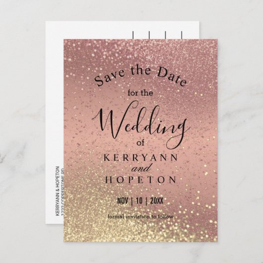 Roos en Gold Glitter - Bewaar de datum van bekendm Aankondigingskaart (Voorkant / Achterkant)