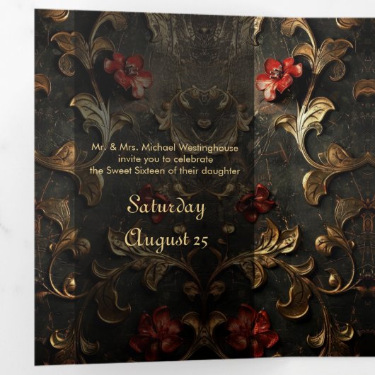 Roos en Gold Sweet 16 Feestuitnodiging Drieluik Uitnodiging (Binnenzijde eerst)