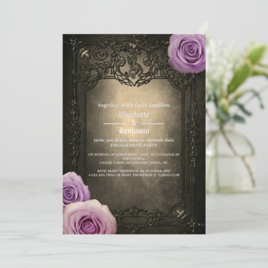  Roos en Gotische Lijst Engagement Party Kaart (Staand voorkant)