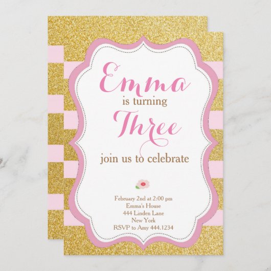 Roos en Goud Eerste Verjaardagsuitnodiging Kaart (Voorkant / Achterkant)