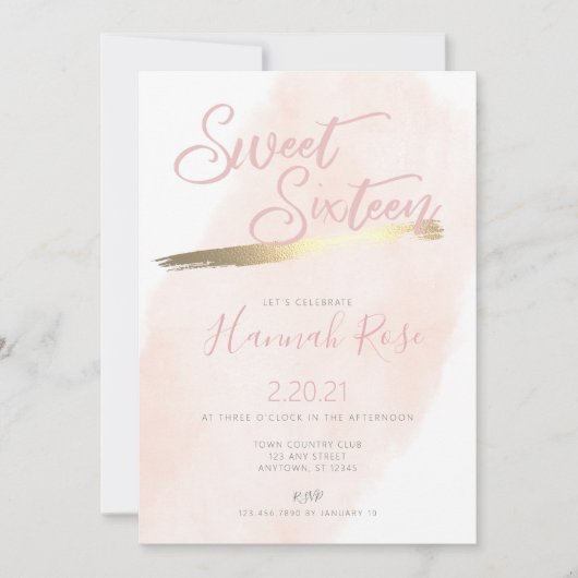 Roos en Goud Waterverf Sweet 16 Verjaardag Kaart (Voorkant)