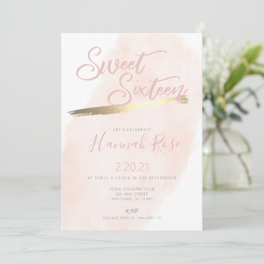 Roos en Goud Waterverf Sweet 16 Verjaardag Kaart (Staand voorkant)