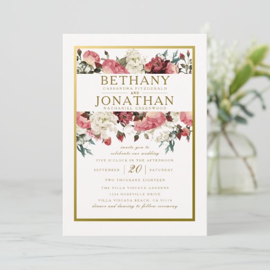 Roos en gouden bruiloft kaart (Staand voorkant)