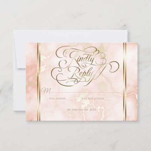 Roos en  gouden marmer RSVP kaartje (Voorkant)