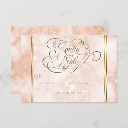 Roos en  gouden marmer RSVP kaartje (Voorkant / Achterkant)