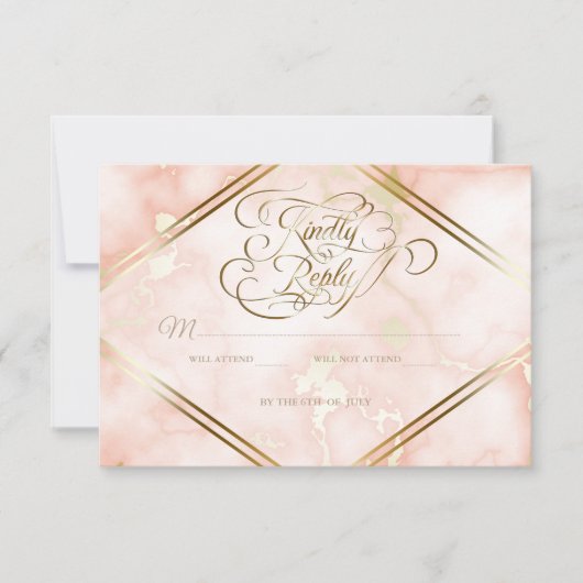 Roos en  gouden marmer RSVP kaartje (Voorkant)